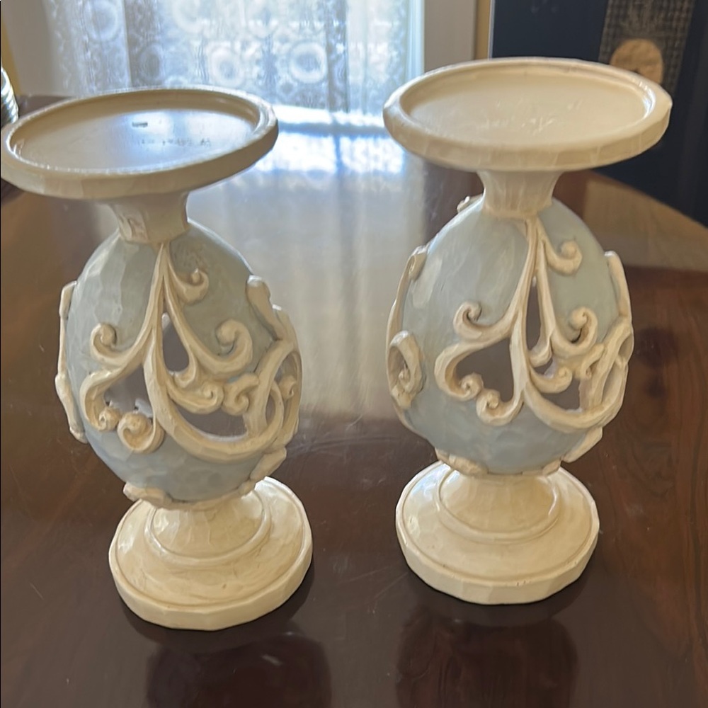 Elegant Cream and Blue Candle Holders (set of two)